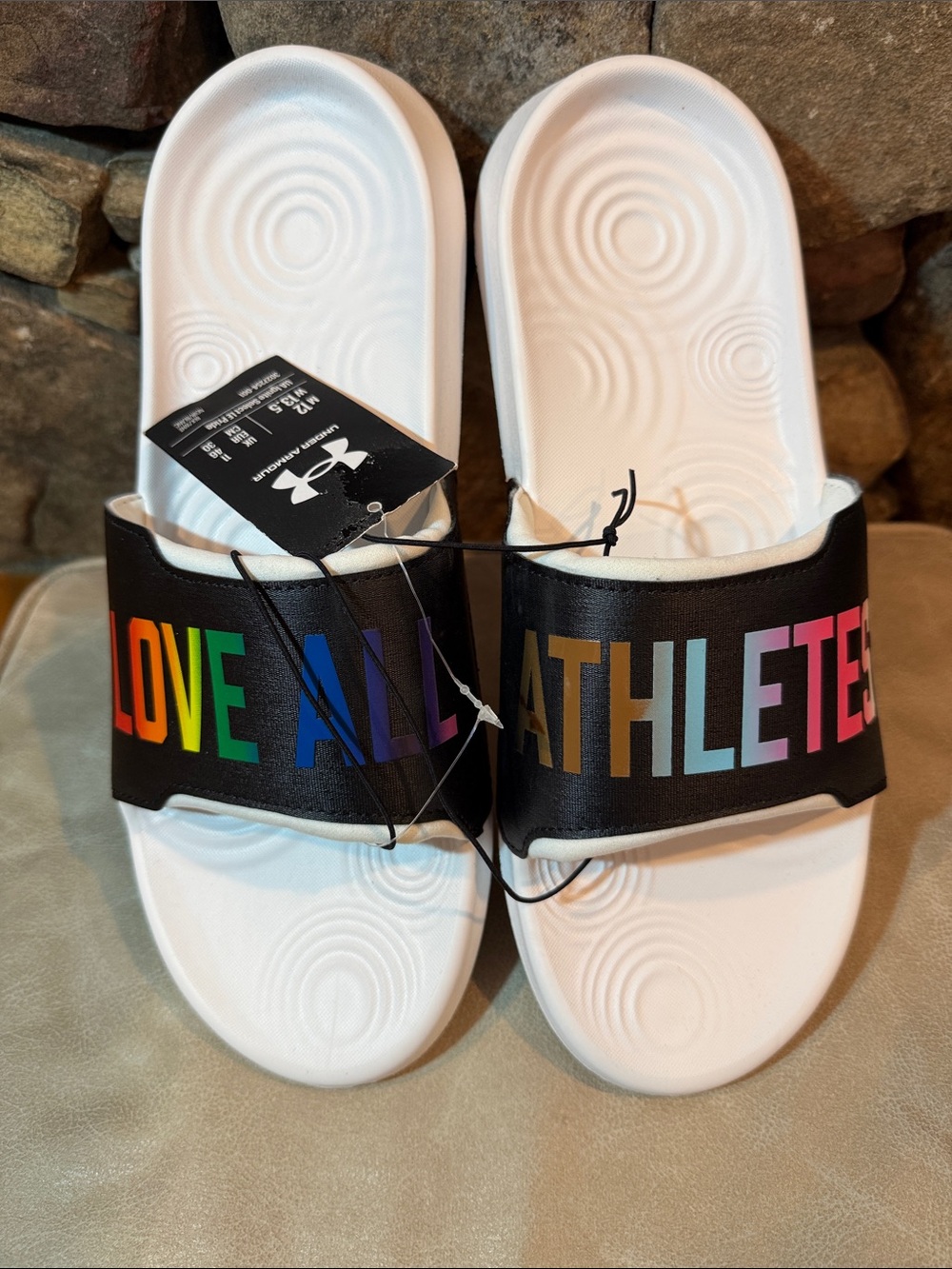 Under Armour Black Slides with Rainbow "LOVE ALL ATHLETES" Size 12m/13.5w